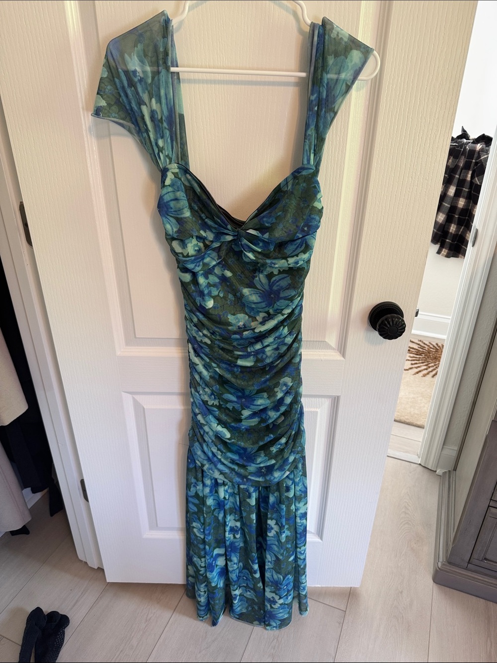 Promesa Blue and Green Floral Ruched Maxi Dress